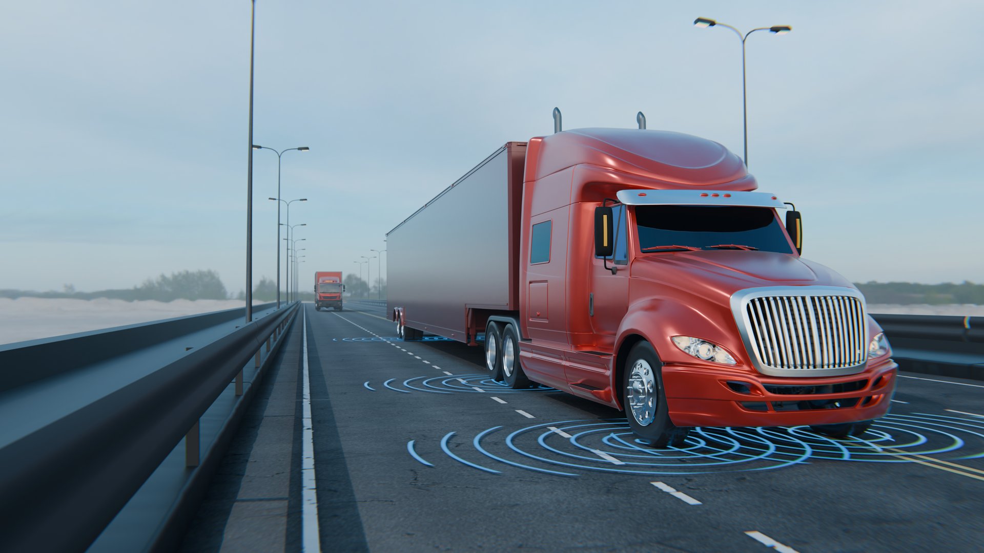 Autonomous American semi-truck with a trailer, controlled by artificial intelligence, drives on the line road. Cargo delivery, transportation of the future. Artificial intelligence. Self driving