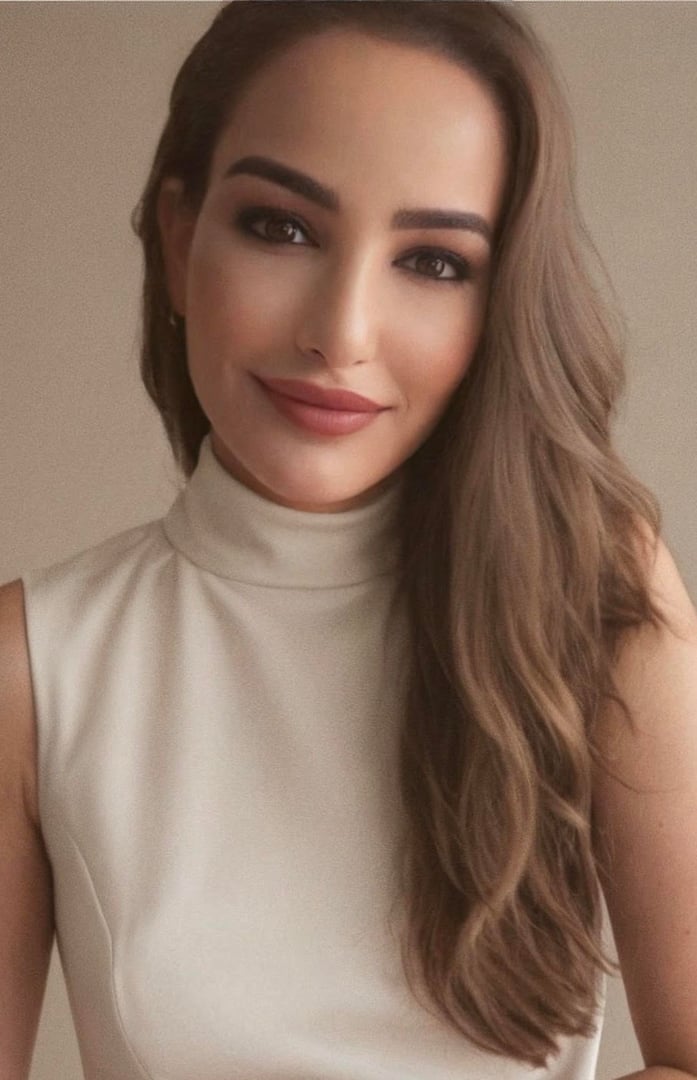Woman with long brown hair wearing a sleeveless turtleneck top, smiling softly against a neutral background.