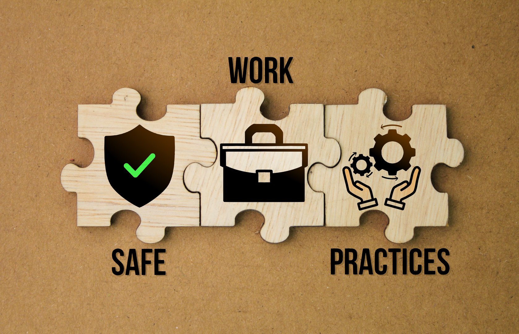 wooden puzzle with icons and words safe work practices. the concept of following instructionspractice, construction, health, work, security, medicine, letter, industry, engineering, management, financial, injury, equipment, industrial, contractor, workplace, condition, protection, danger, awareness, emergency, attention, hazard, safety equipment, regulations, manufacturing industry, policies, risk analysis, occupational health and safety, accidentally, caution, dangerous, handling, hazards, measure, operating safely, operational, personal safety, practices, precautions, preventatives, protective, rules, safe work practices, safe workplace practices, signs, standards, warning, work health and safety