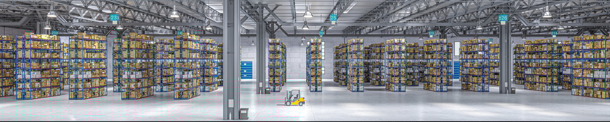Wide view warehouse distribution center interior logistic