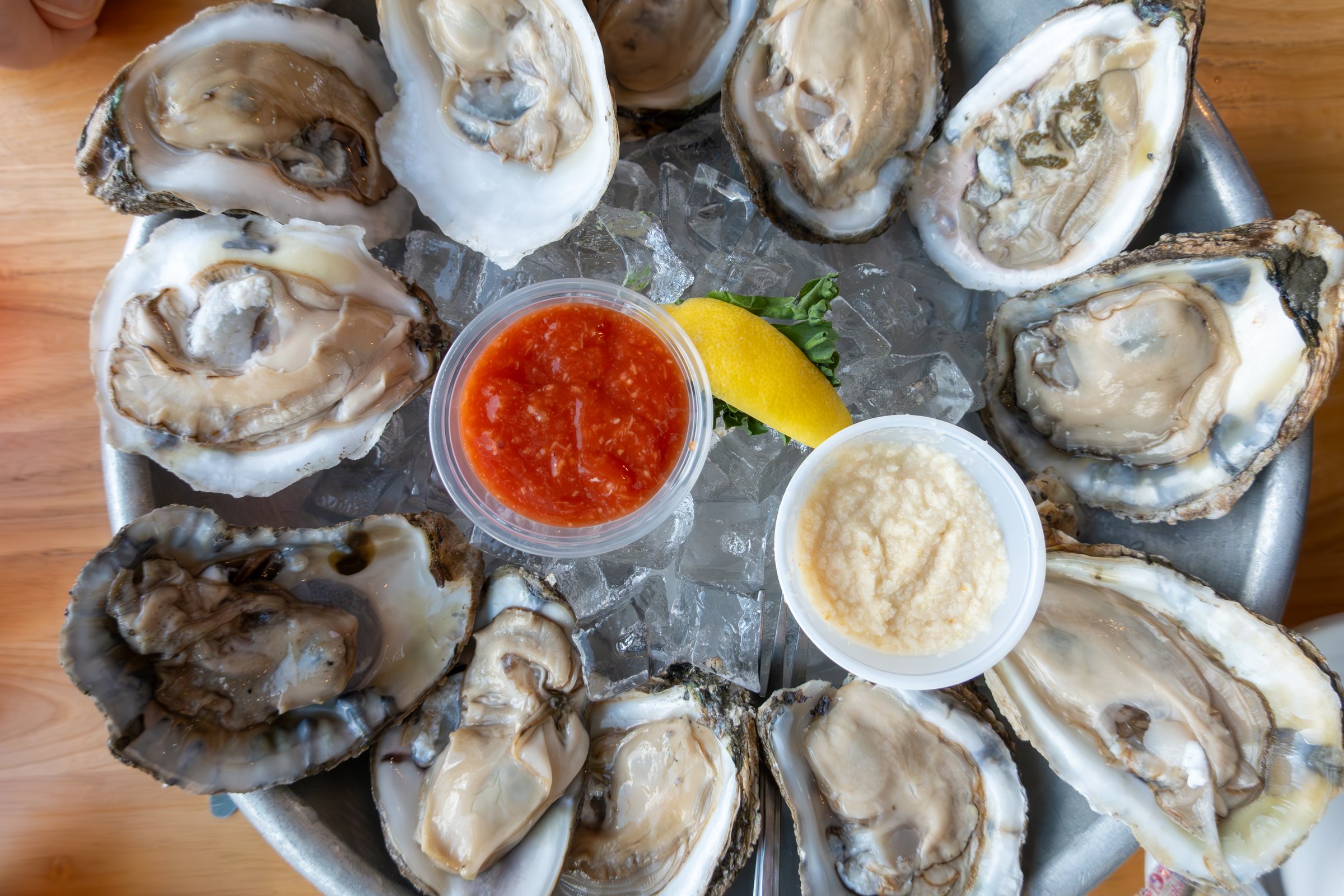 Solomons, Maryland USA A dozen oysters on the half-shell on ice.
