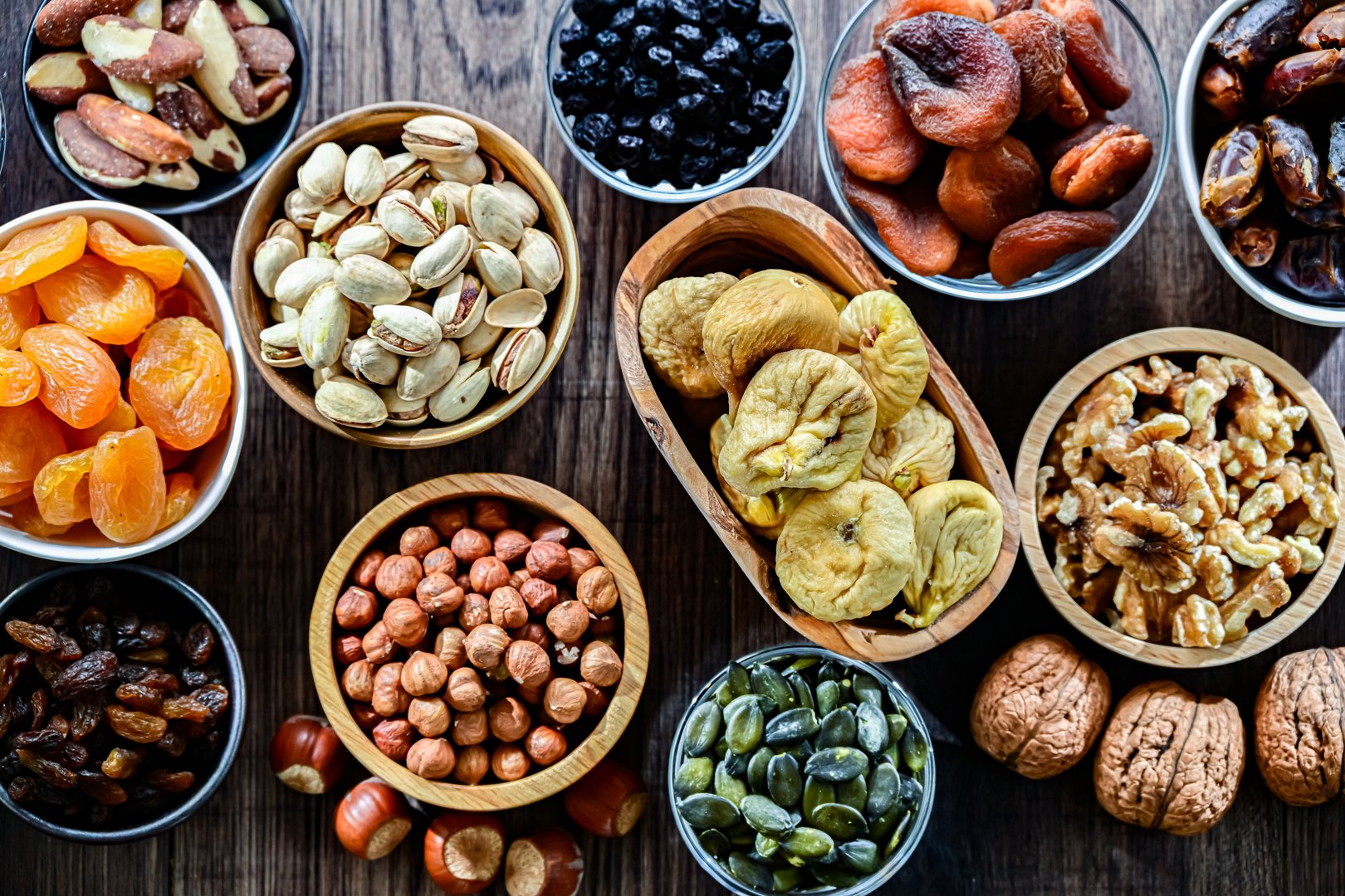 Composition with a variety of dried fruits and assorted nuts. Delicacies.
