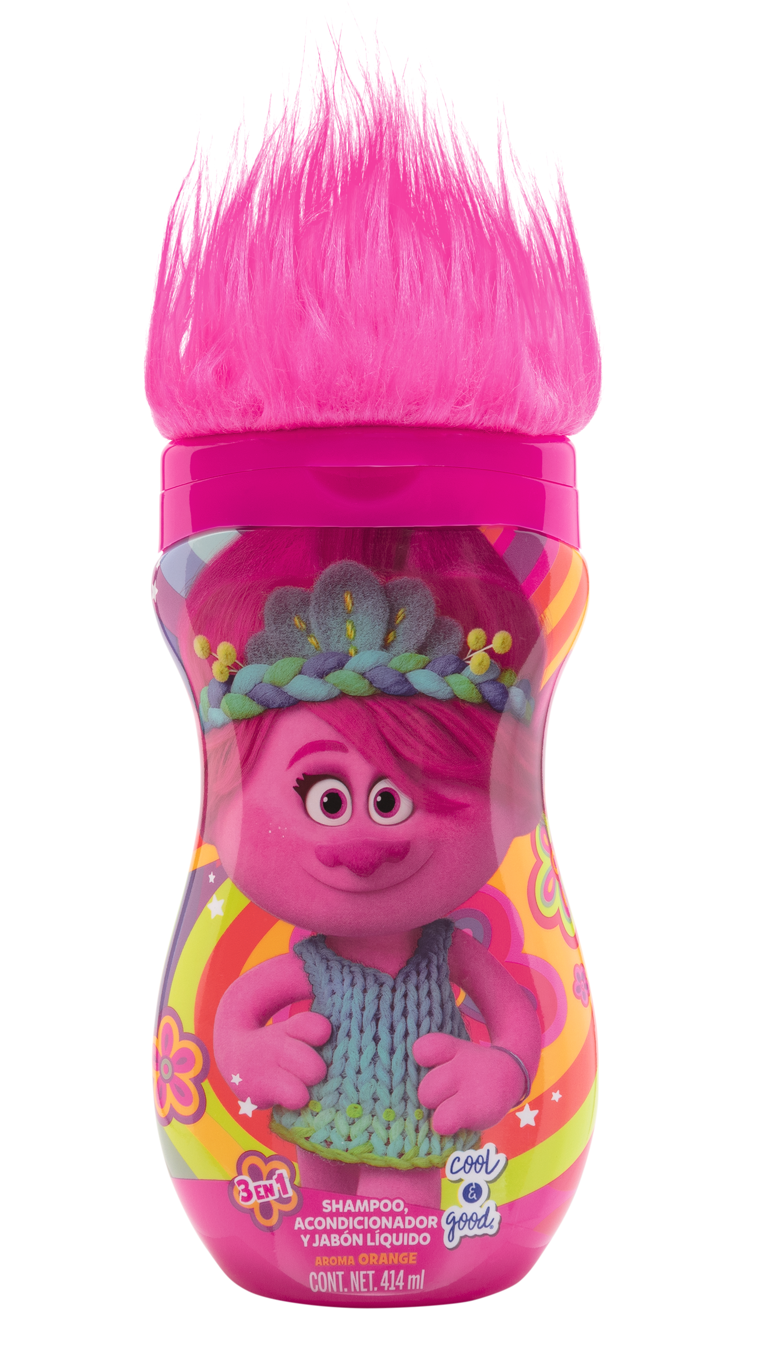 Pink bottle featuring a cartoon character with pink hair, used for 3-in-1 kids shampoo, conditioner, and body wash.