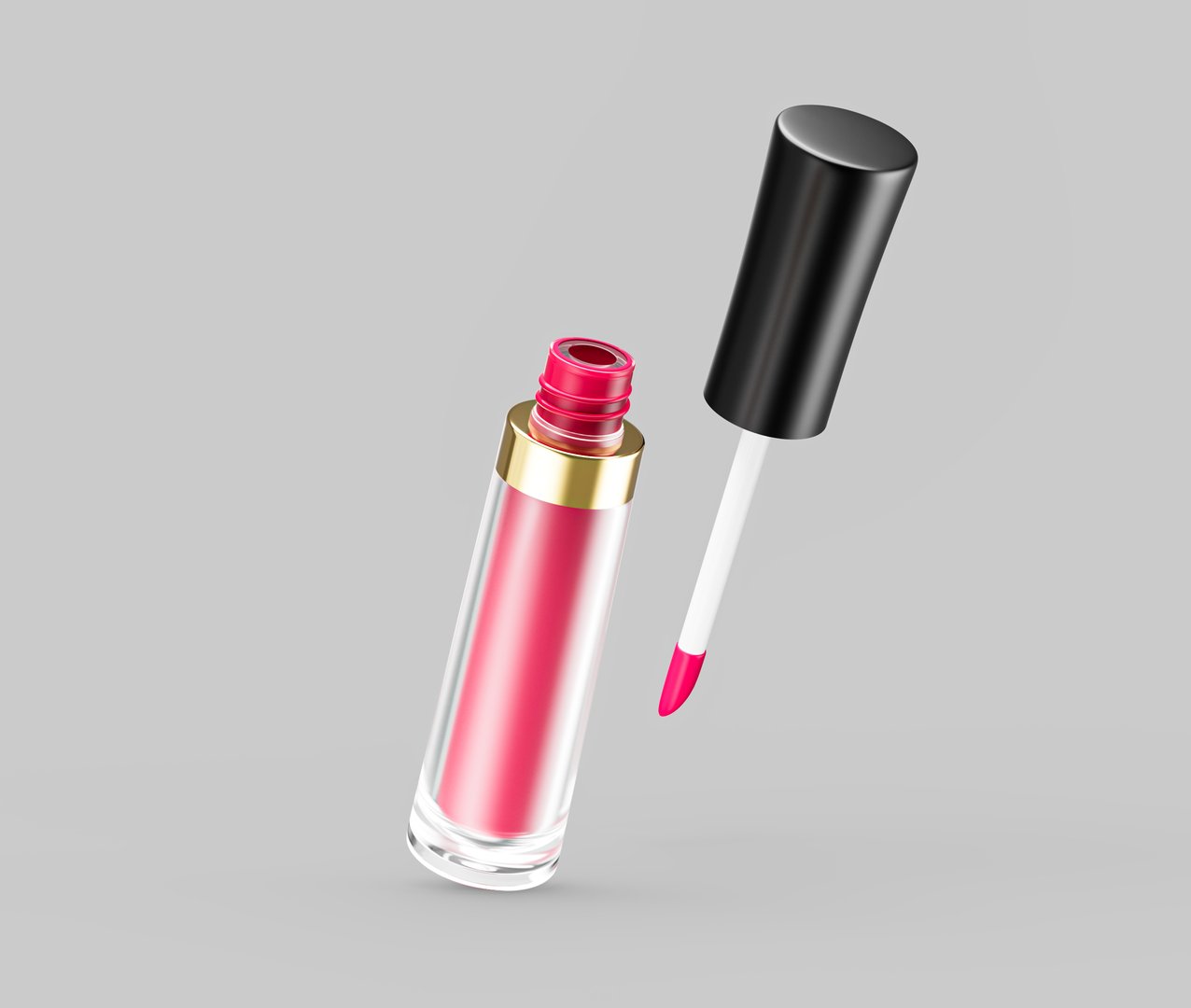 An open tube of bright pink lip gloss with a transparent body and a gold band, 3D Illustration