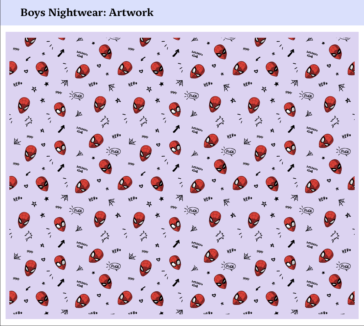 Patterned design featuring superhero masks, stars, arrows, and speech bubbles on a light purple background.