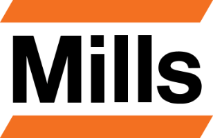 Logo with the word Mills in bold black font between two orange bars.