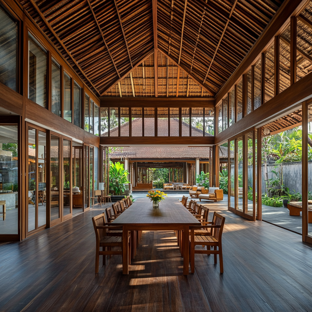 Spacious open-air dining area with wooden furniture, high thatched ceiling, and large windows overlooking greenery.