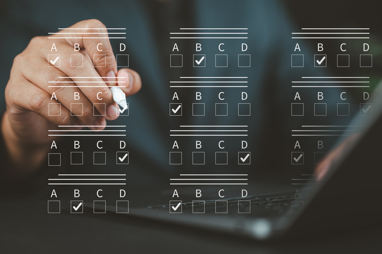 Online test exam and survey form. Man filling out an online exam or survey form, showcasing a hand using a digital pen to select answers on a virtual checklist. Checkbox, knowledge quiz questions,