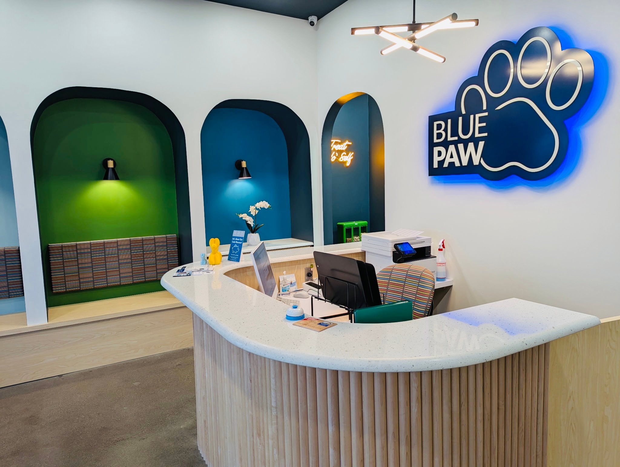 Reception area of a pet clinic with "Blue Paw" logo, modern decor, stylish lighting, and a curved desk with computer.