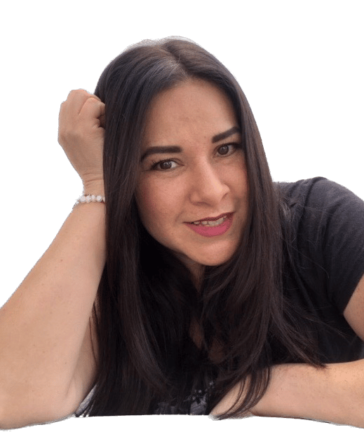 A woman with long dark hair, smiling, resting her head on her hand, wearing a bracelet and a black shirt.