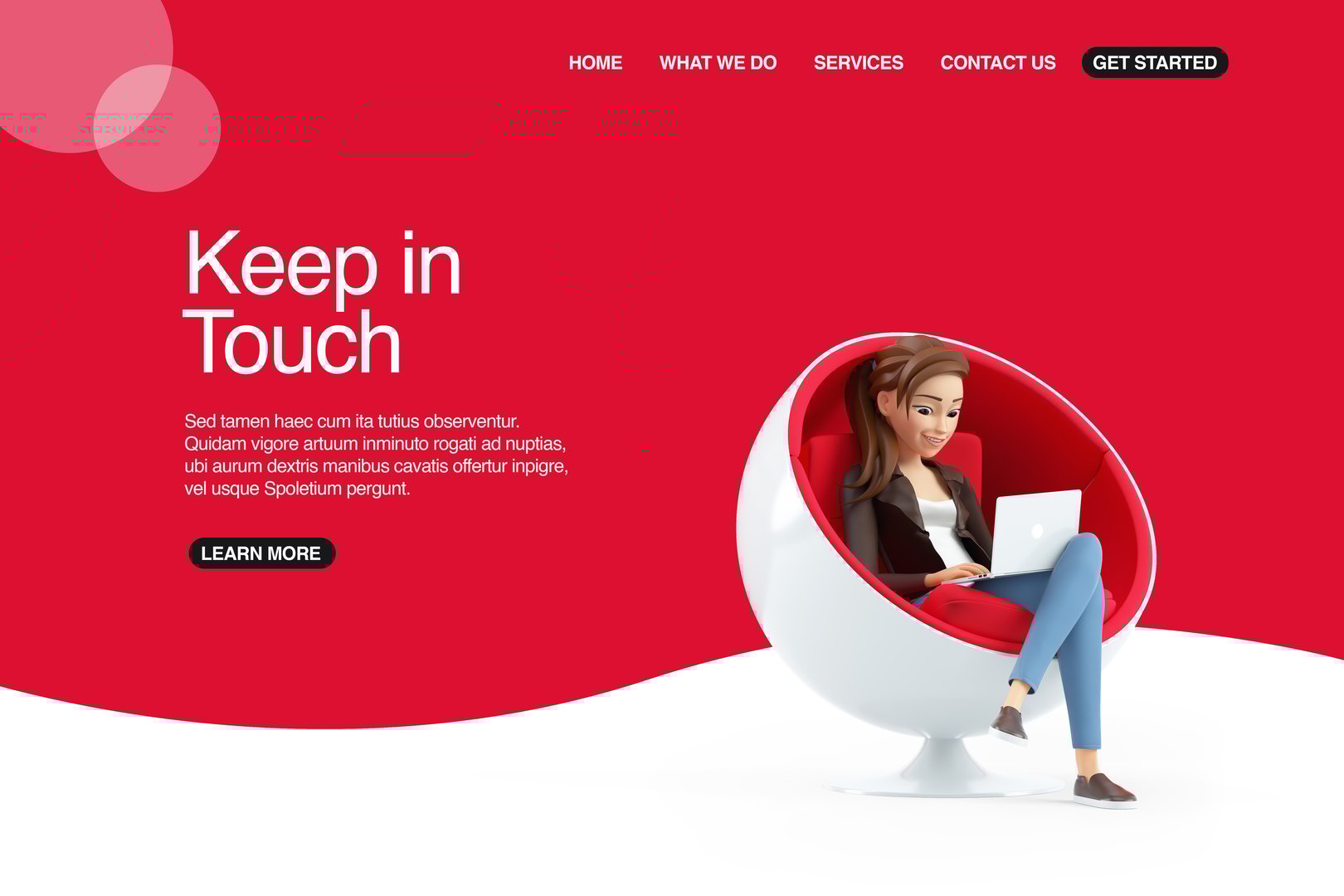 3d cartoon woman sitting with laptop web banner, illustration on red background