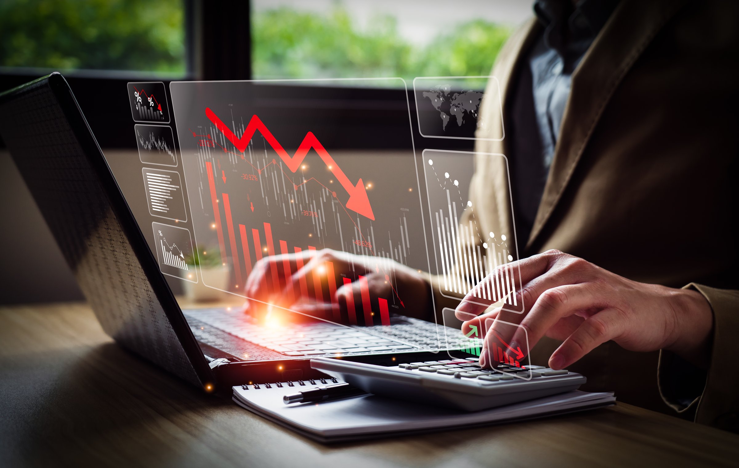 Economic collapse concept, businessman with falling financial graph chart due to global recession. Stock market crash, inflation, financial crisis, Falling income in GDP, capital reduction, loss of