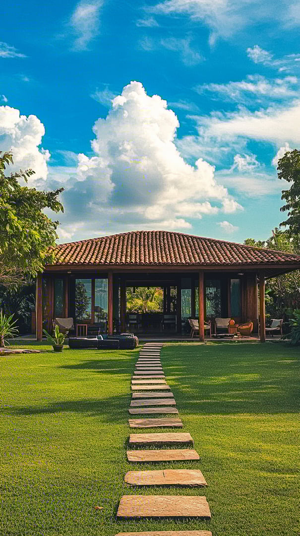A path of stone slabs leads to a cozy house with a tiled roof, surrounded by greenery and a cloudy blue sky above.