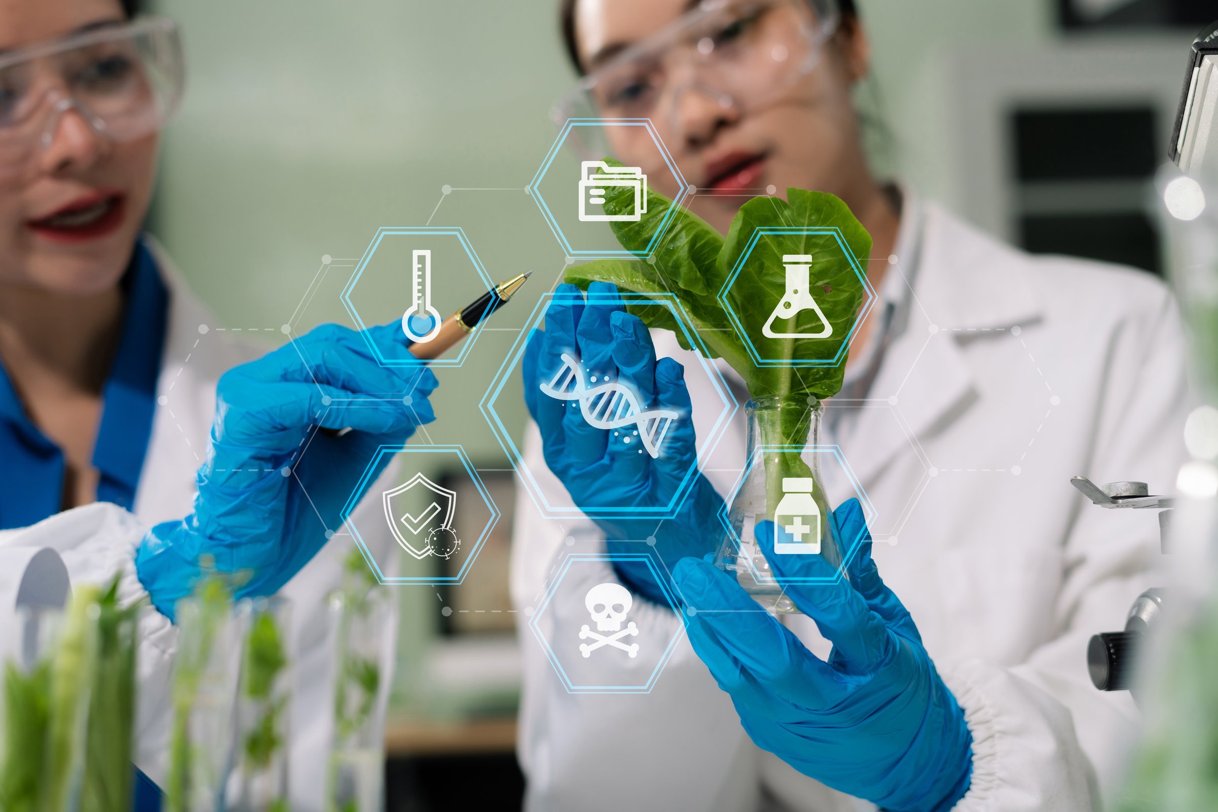 Microbiologists and nutrition experts analyze molecular samples in advanced food science labs.