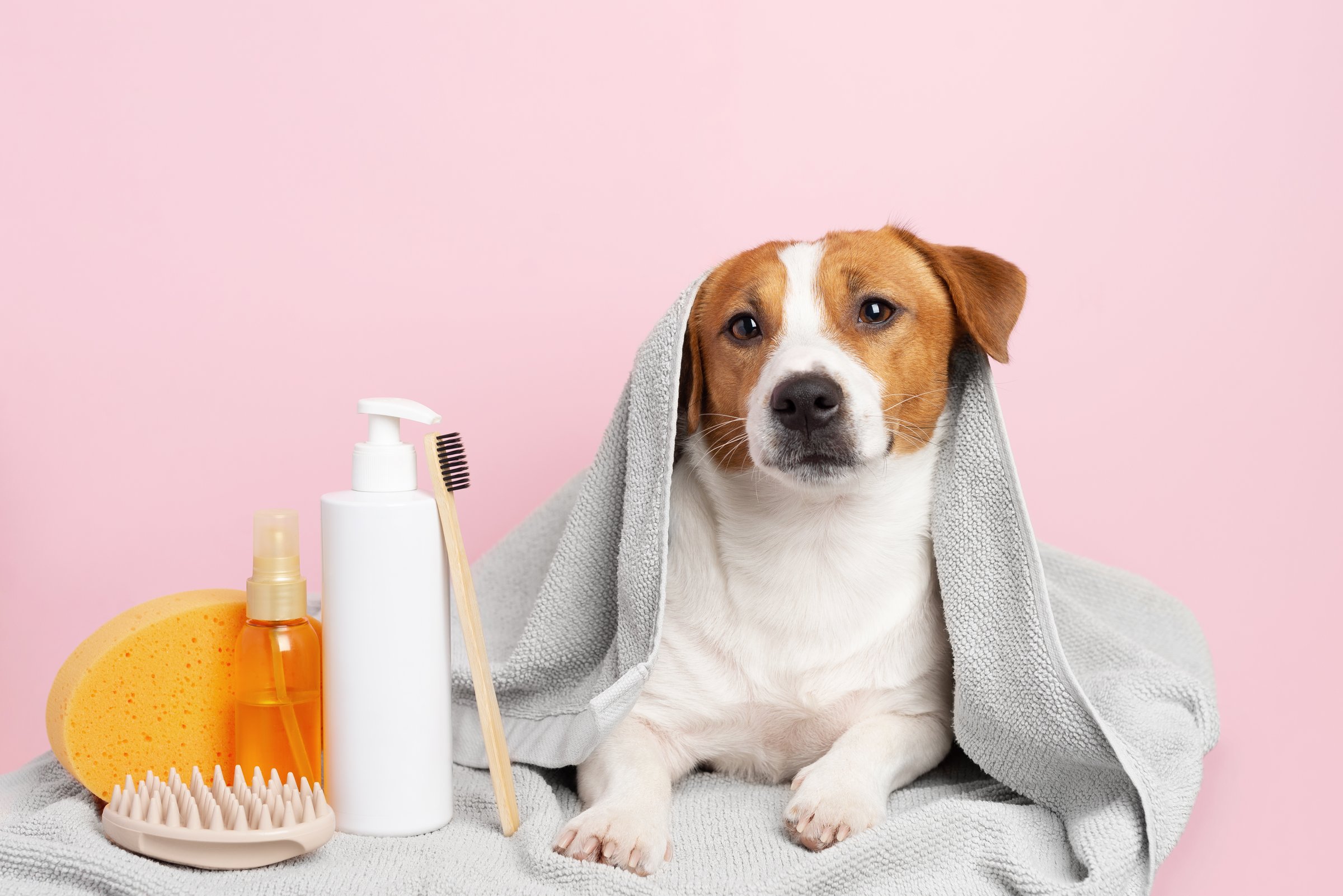 Cute Jack Russell Terrier dog wrapped in a soft towel lying next to pet grooming supplies including shampoo, sponge and brush on a pastel pink background. Pet care, grooming or veterinary concept