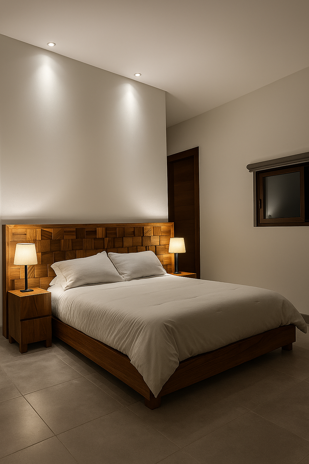 Cama plataforma en parota con cabecera de cuadros entramados