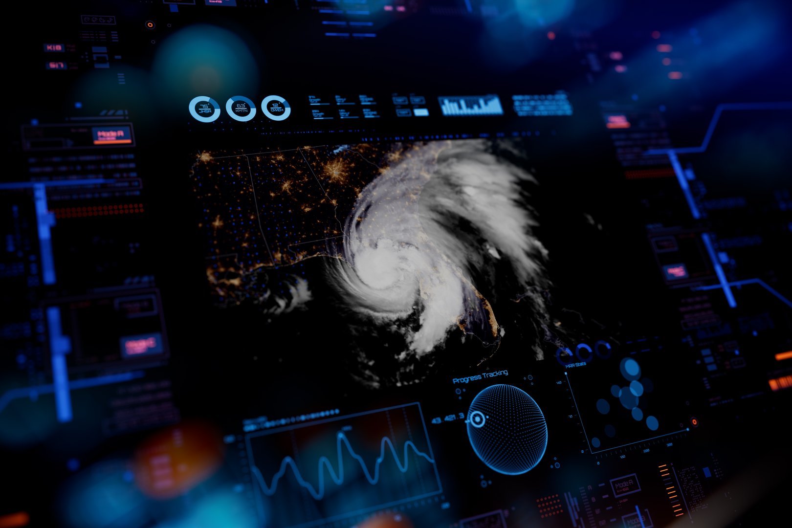 Tropical storm in U.S. Satellite view of hurricane on digital lcd display with reflection. Concept of super typhoon, cyclone, tropical storm, and windstorm. Elements of this image furnished by NASA