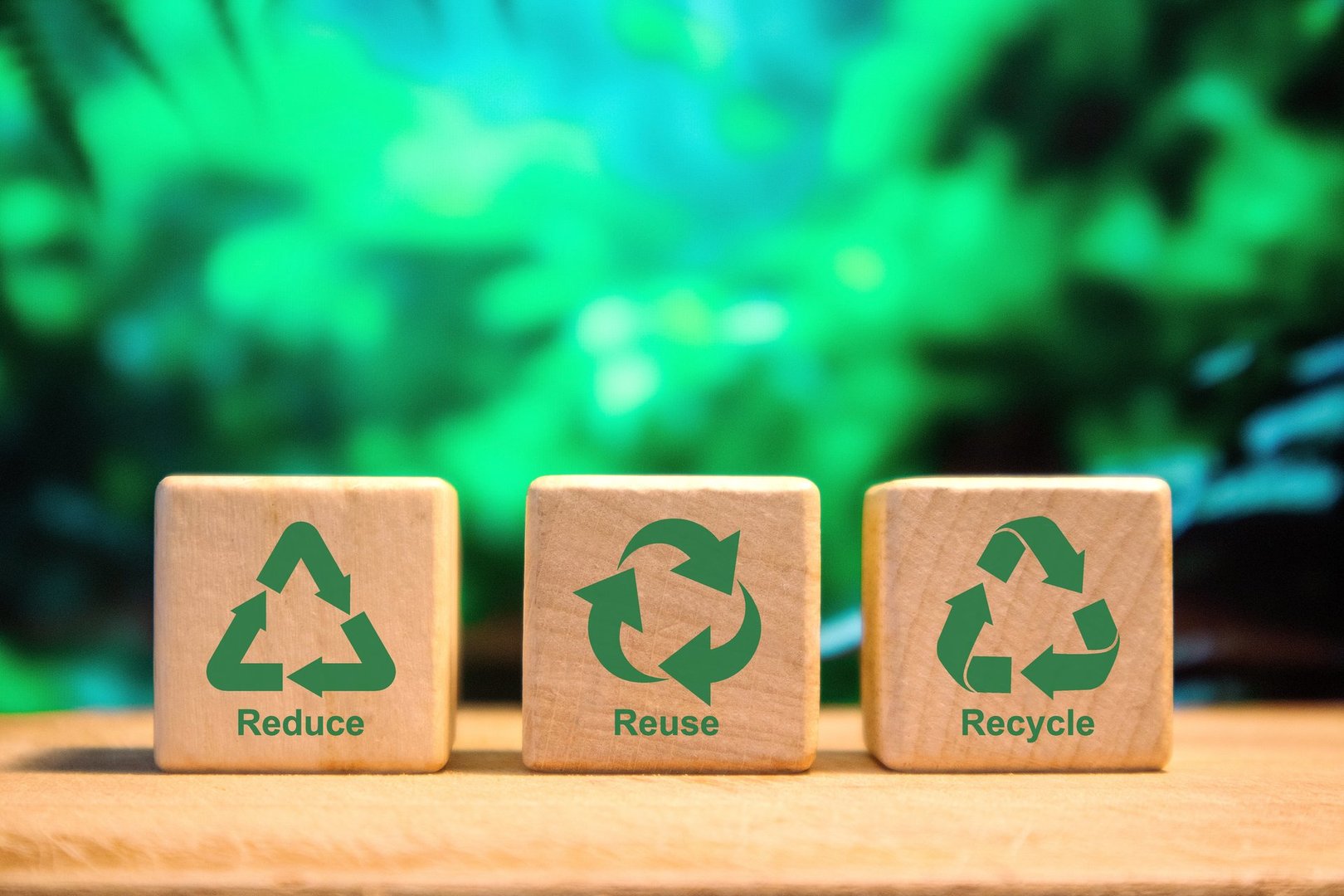 Wooden blocks with reduce, reuse, recycle symbol. Environmental concept.