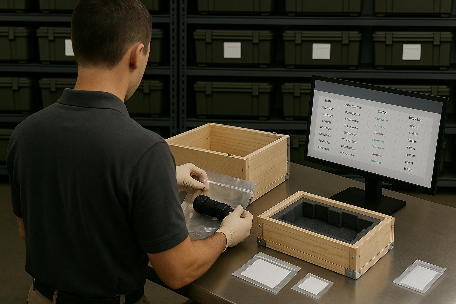 Person packaging camera lens in a wooden box on a table, wearing gloves, with a computer monitor displaying a list.