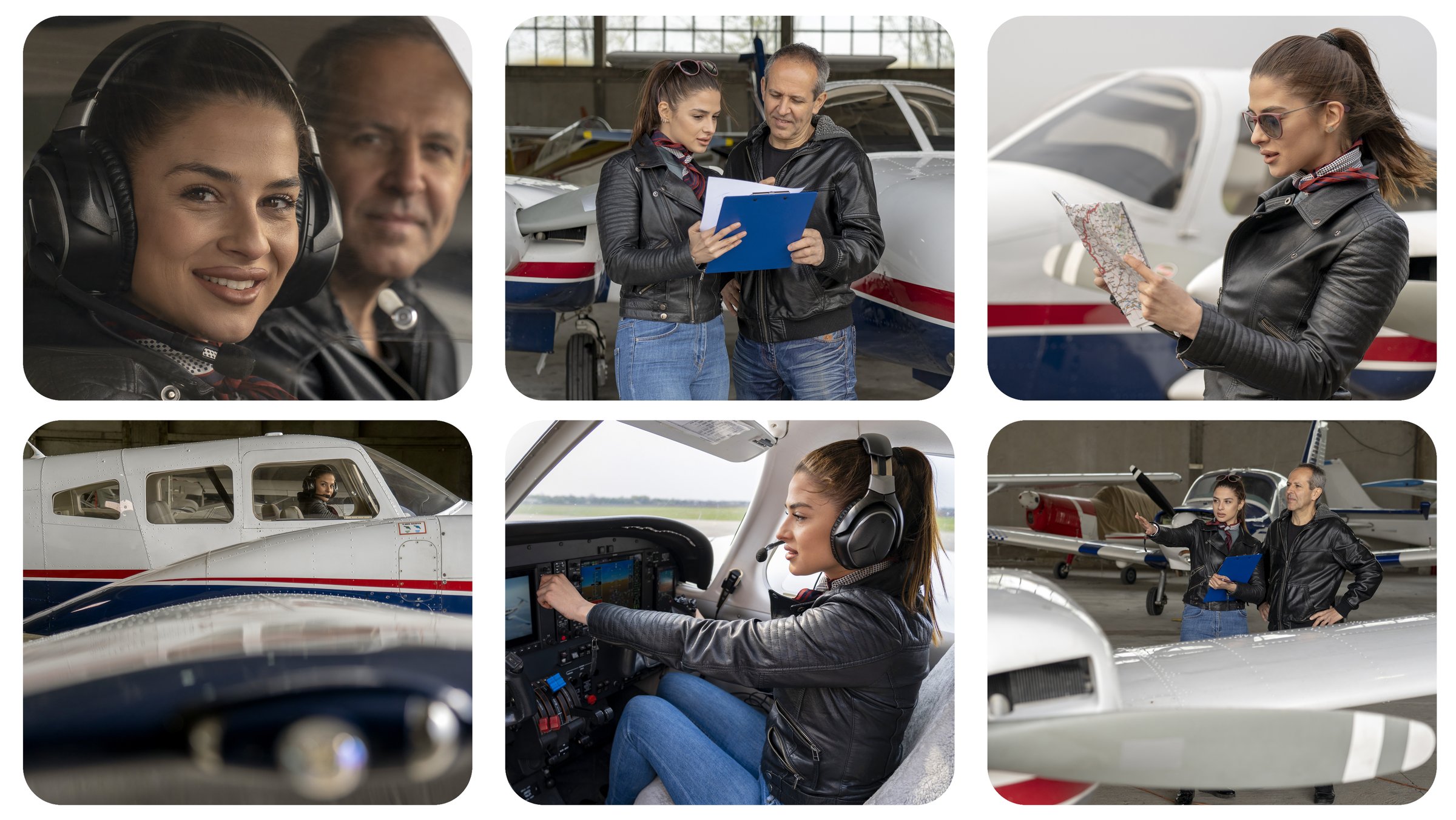 Portrait of Attractive Young Woman Pilot With Headset in the Airplane Cockpit. Student Pilot and Instructor Going Through a Pre-Flight Pilot Checklist.