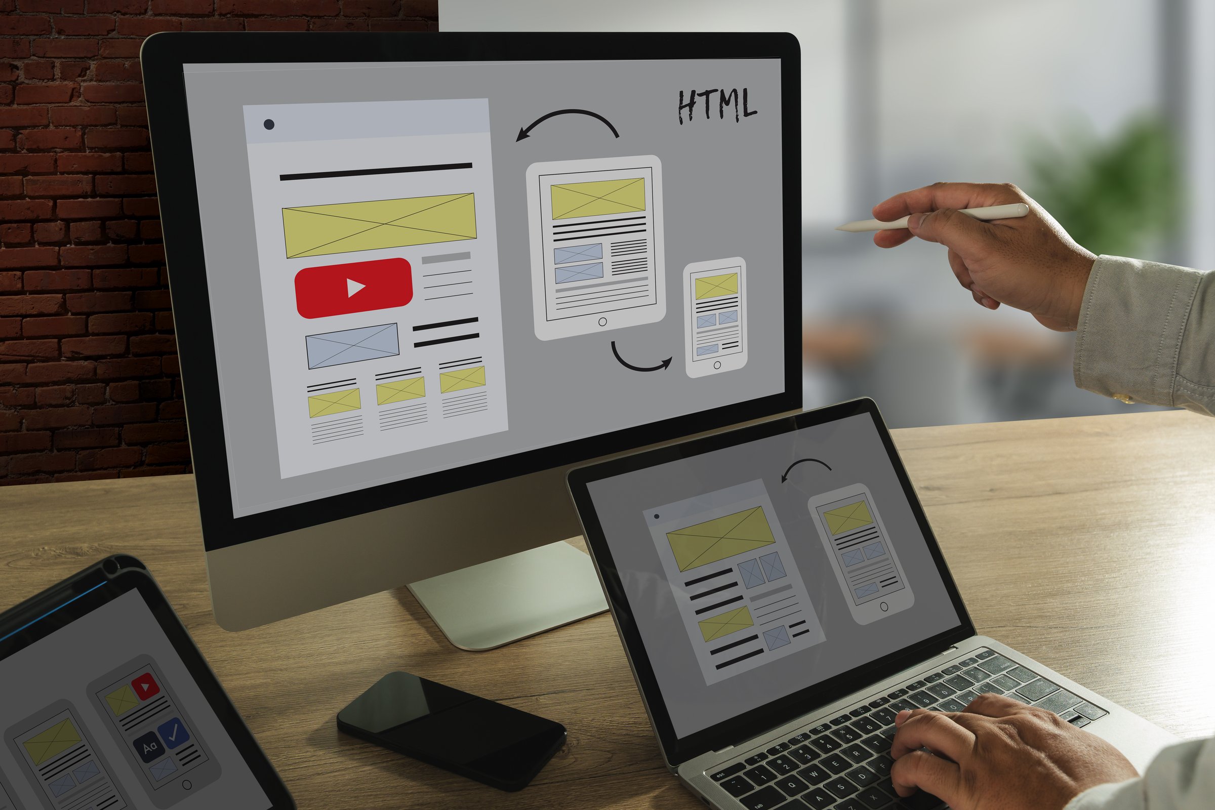 businessman web design responsive website layout and content. landing page development on a laptop screen LANDING PAGE (SEO concept)