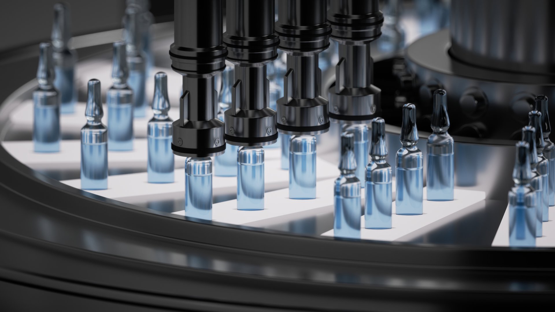 Pharmaceutical production: glass ampoules with blue liquid, moving on an automatic conveyor line. Vaccine against the corona virus. Realistic 3d render illustration. Drug manufacturing process
