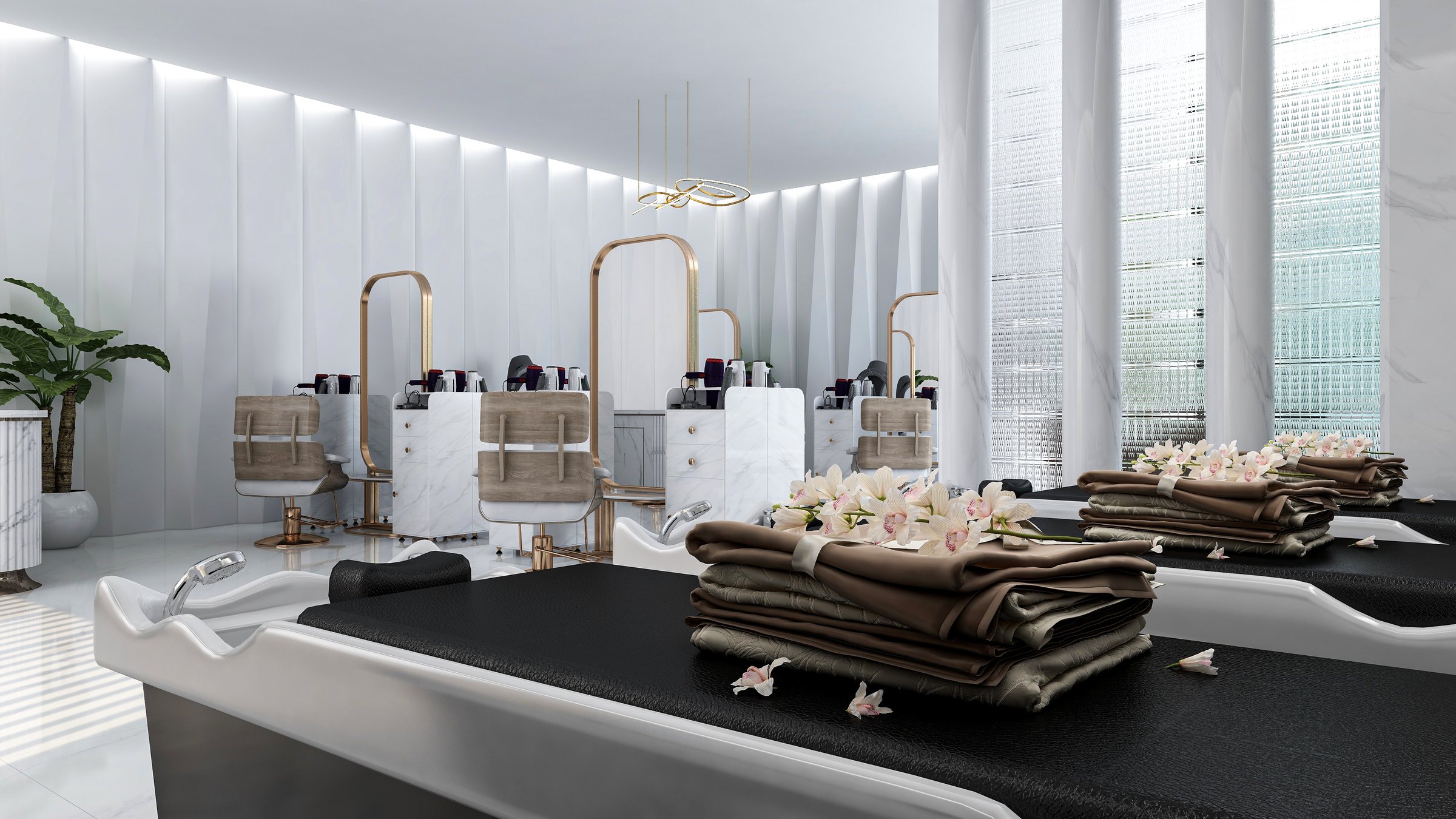 Modern Salon Shampoo Beds in Luxury Hair Salon Interior, 3D Rendering