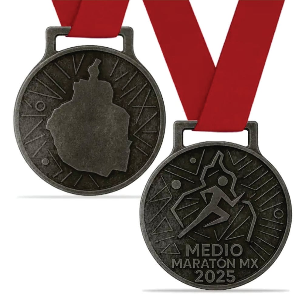 Medal for the Medio Maratón MX 2025 with a red ribbon, featuring a runner and map design on the front and back.