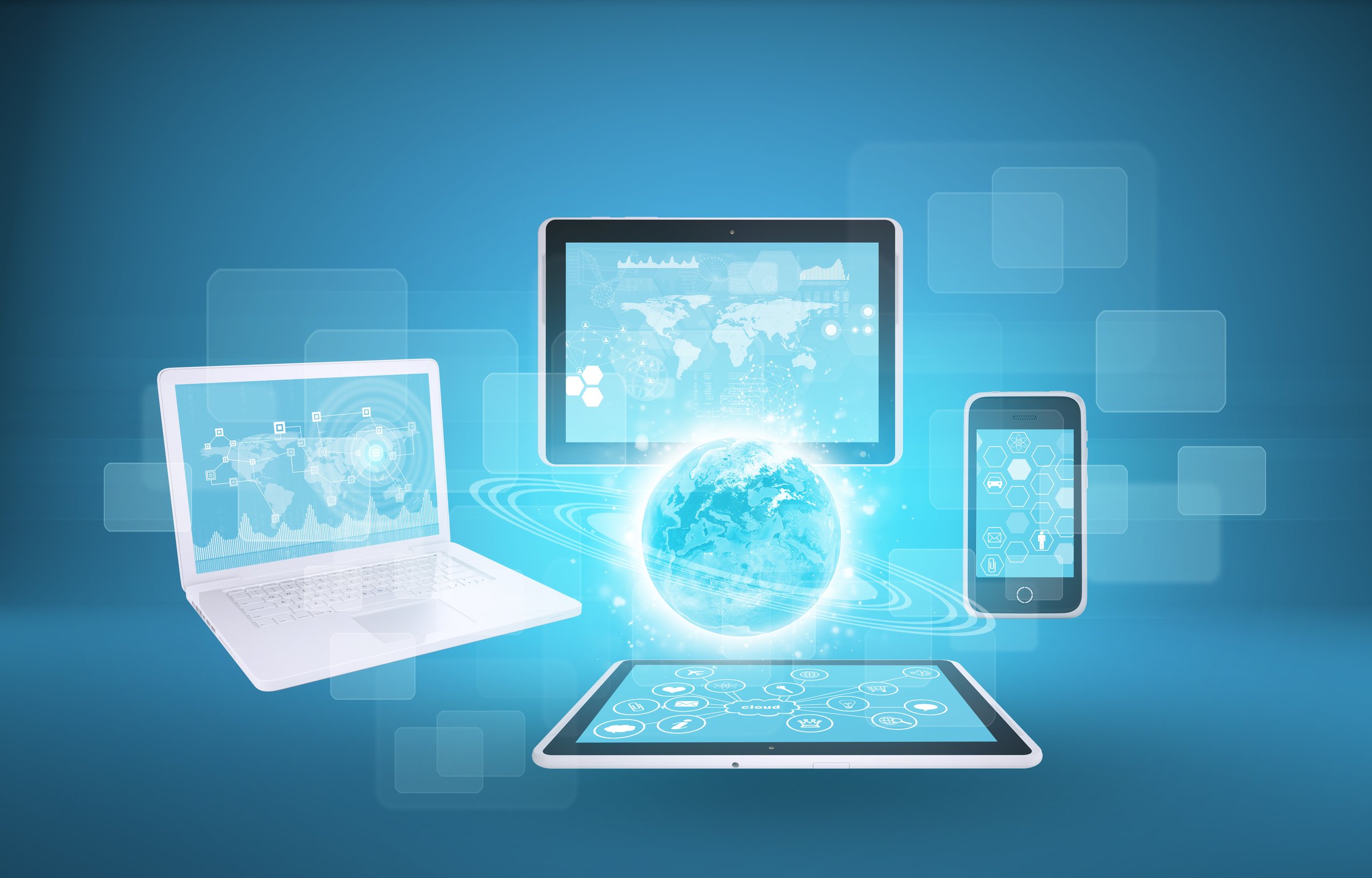 Earth with laptop, tablets and smartphone. Element of this image furnished by NASA