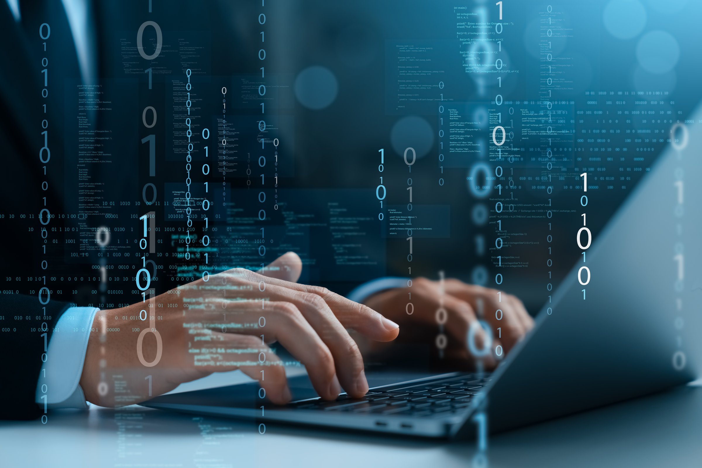 Programmer and cyber security technology, male programmer uses laptop for software development, coding, web design and social security, cyberspace concept