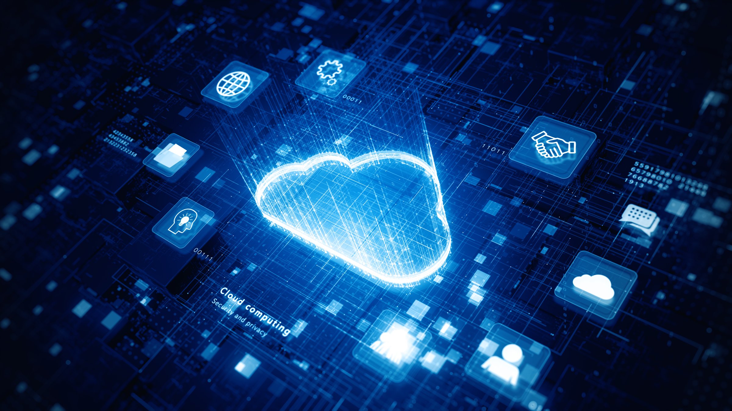 3D render of a glowing cloud icon on digital circuit board background, symbolizing cloud computing, data storage and digital connectivity. Technology abstract background, 3d Rendering