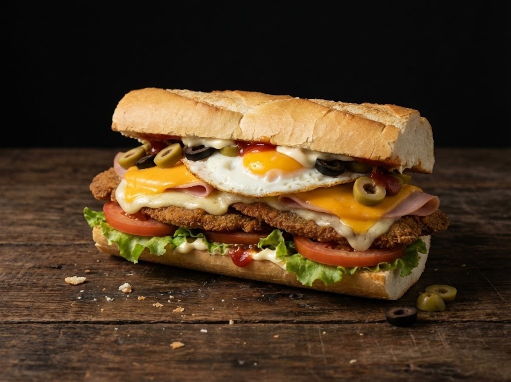 Milanesa sandwich with tomato slices, lettuce and mayonnaise and French fries in a white plate, a bowl with mayonnaise and a glass of beer on a wooden background.