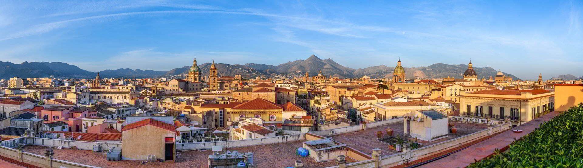 Palermo, Sicily town skyline panorama with landmark towers in the morning.