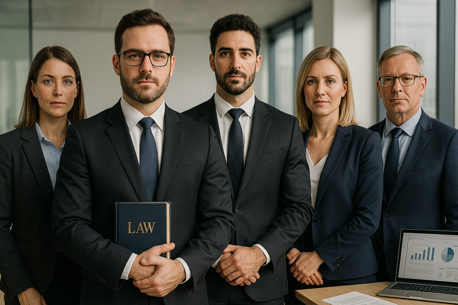 Professionally dressed legal team, three men and two women, posing confidently with a law book in an office setting.