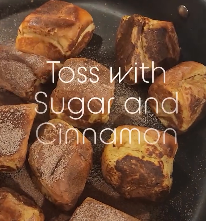 Tossing French toast bites in cinnamon sugar mixture