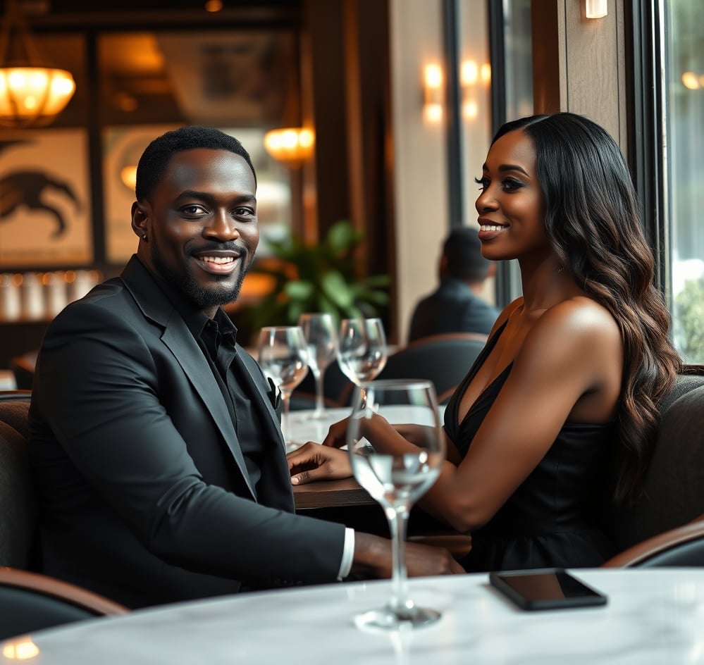 A couple in elegant attire smiles while seated at a restaurant table adorned with wine glasses.
