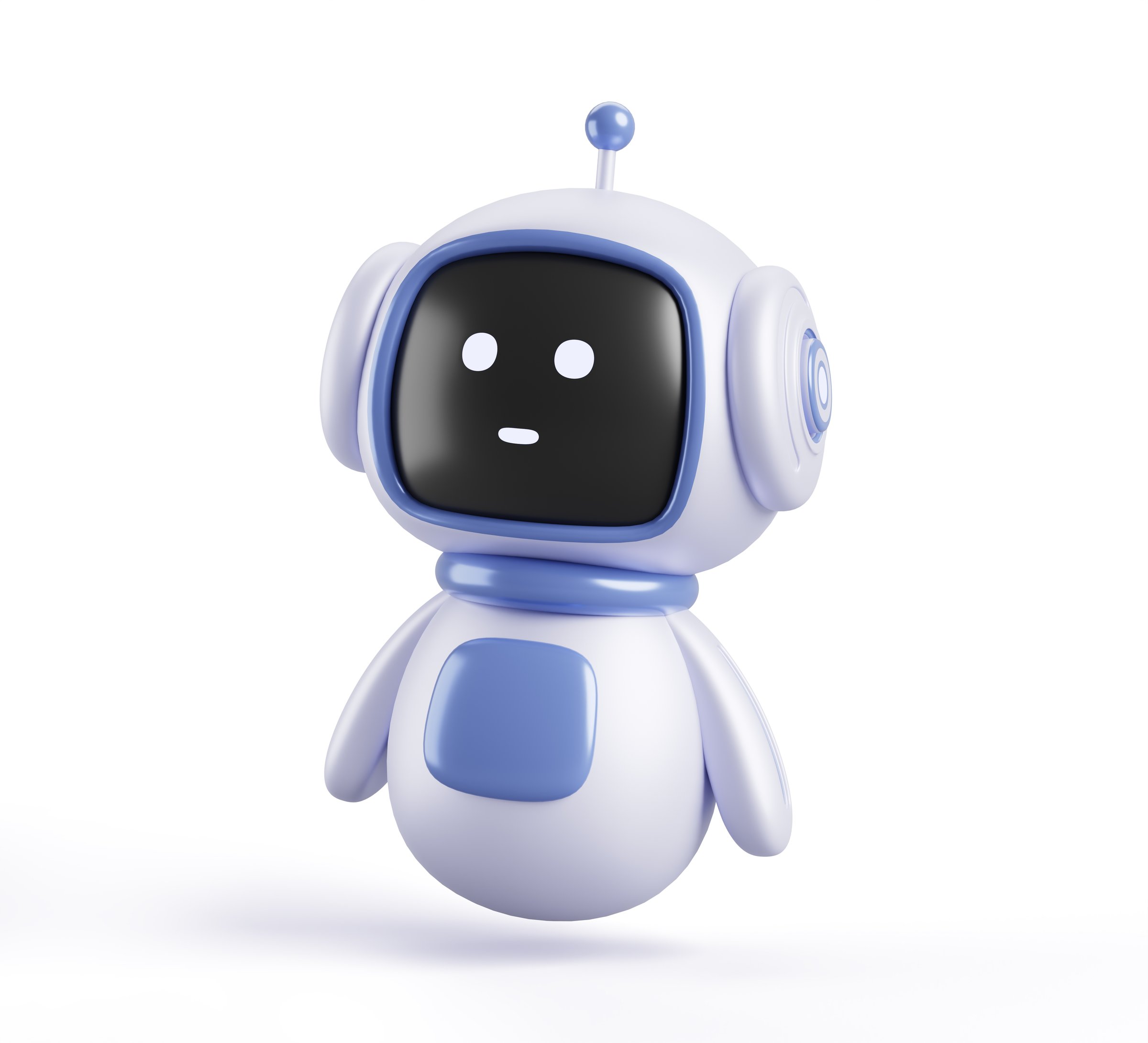 3d cute friendly robot render icon. AI chatbot character with face on digital screen for support service. Virtual assistant artificial intelligence mascot isolated on white background. 3D illustration