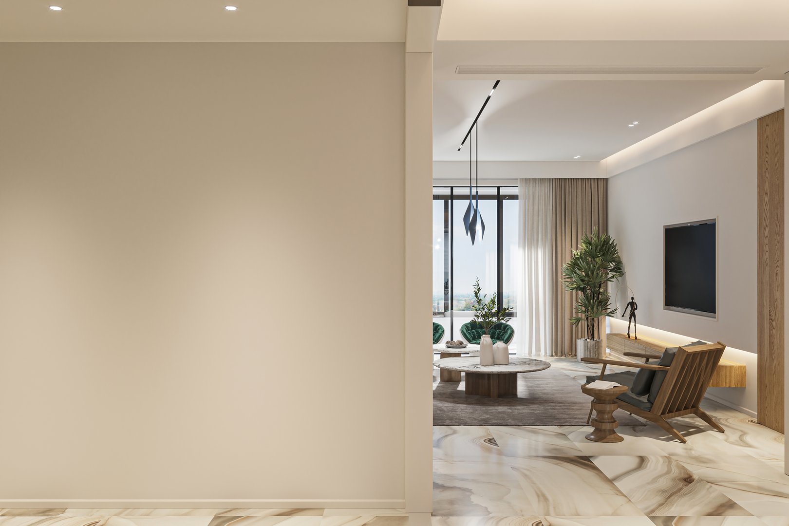 Spacious Modern Interior-View into Living Room with Stylish Furniture and Decor.