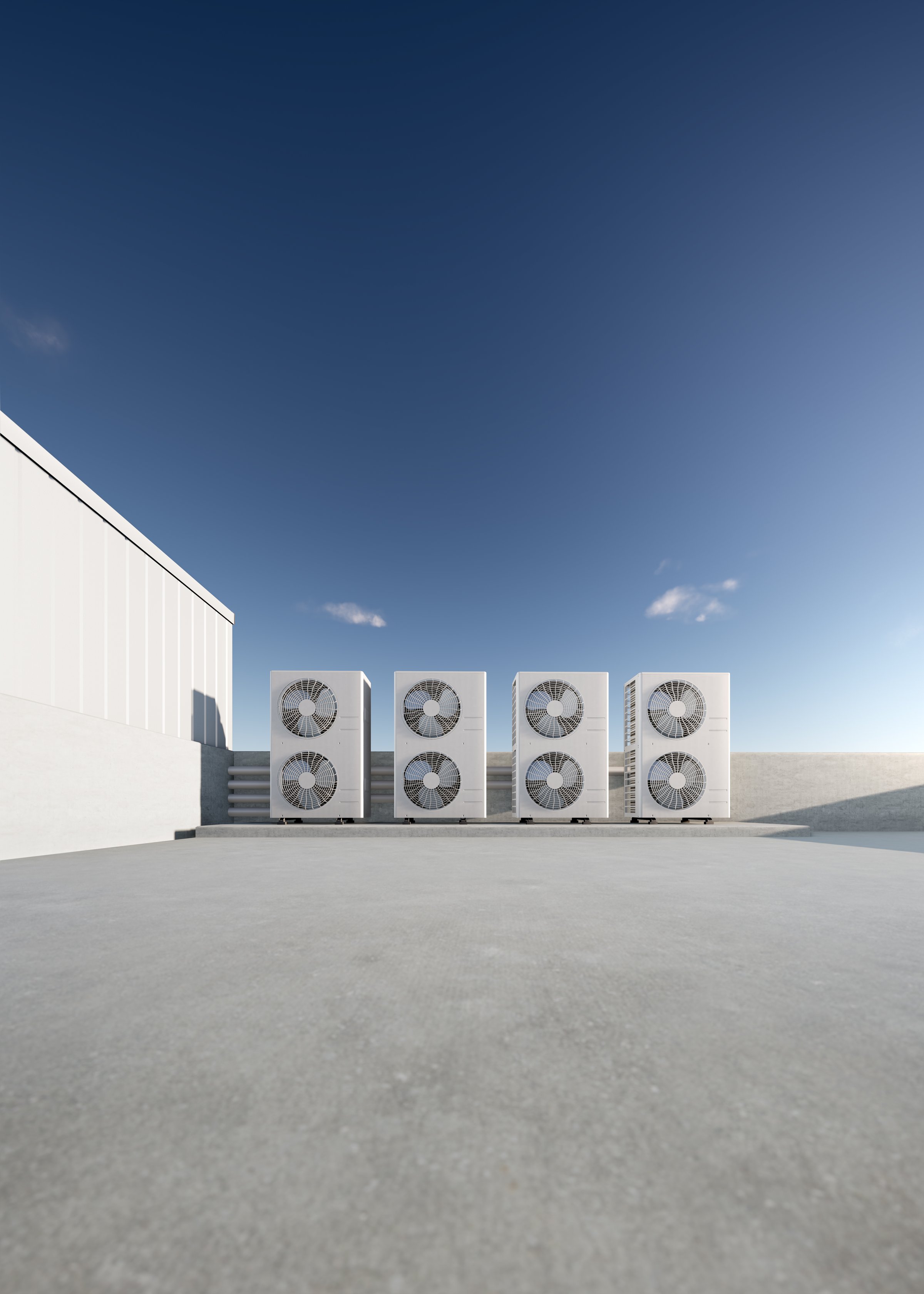 3D rendering of condenser unit in vertical composition, installed on rooftop of building with blue sky background. Part of air conditioning HVAC systems for heat ventilation and climate control.
