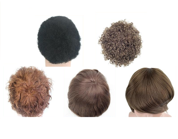 Five different hairstyles displayed: afro, curly, wavy reddish, smooth brown, and brushed brown.