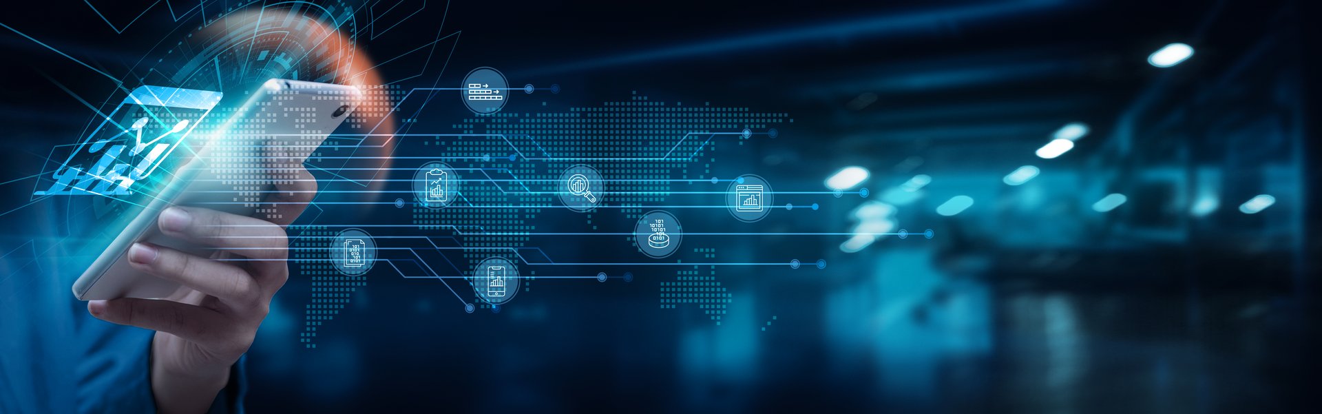 Analytics. Businessman using smartphone with data analytics on network connection. Real-time insights, performance metrics, predictive modeling, business intelligence tools, digital transformation.