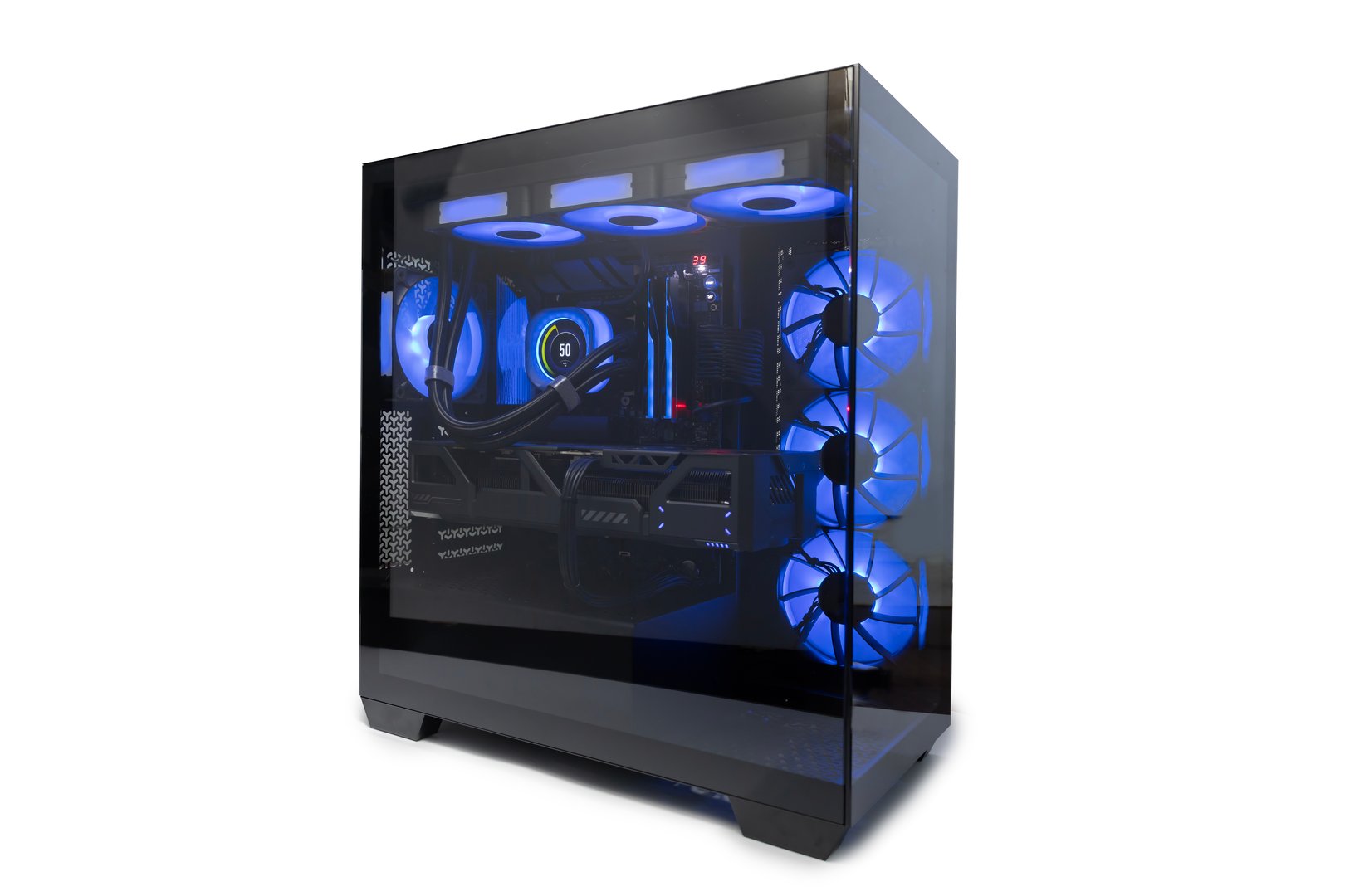 Isolated black destop computer middle size tower with blue LED RGB light on white background