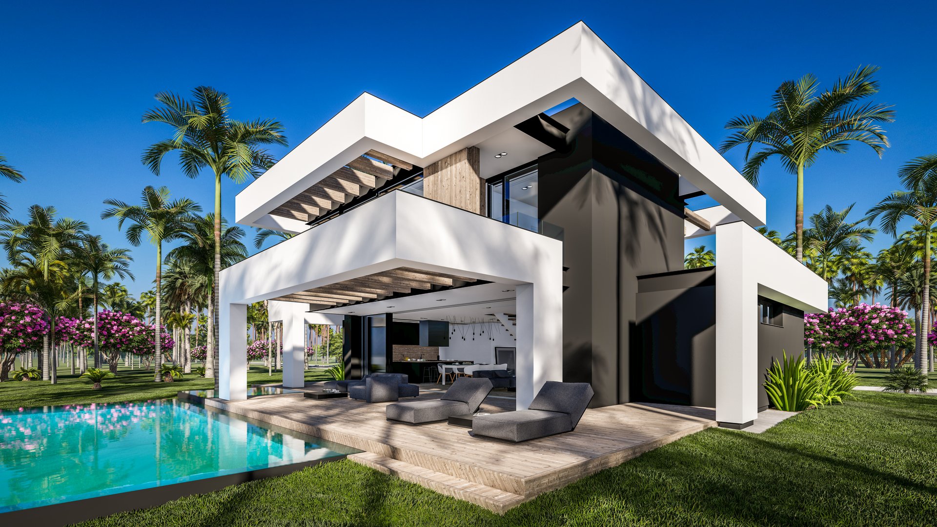3d rendering of modern cozy house with pool and parking for sale or rent in luxurious style by the sea or ocean. Sunny day by the azure coast with palm trees and flowers in tropical island