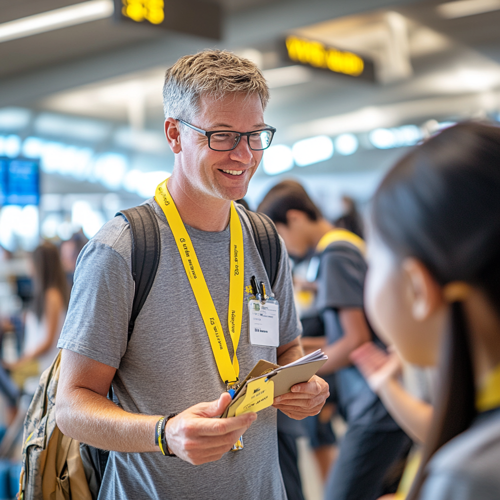Welcome team coordinating with students and providing assistance at arrival hall