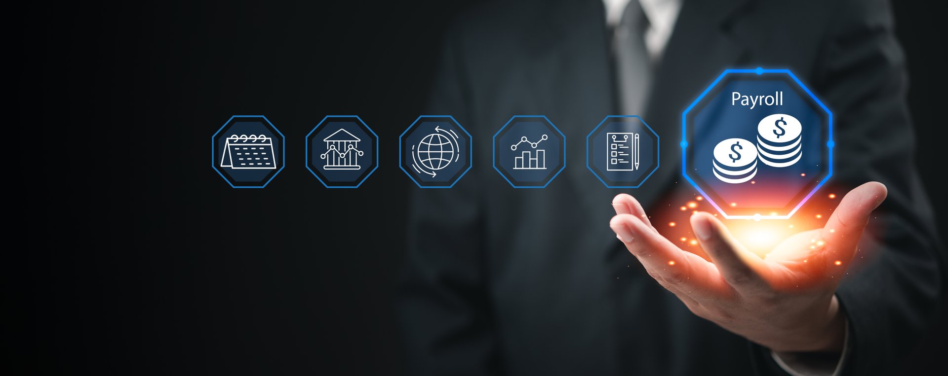 Businessman holds glowing payroll icon surrounded by finance and banking symbols. Represents financial services and digital payroll management.