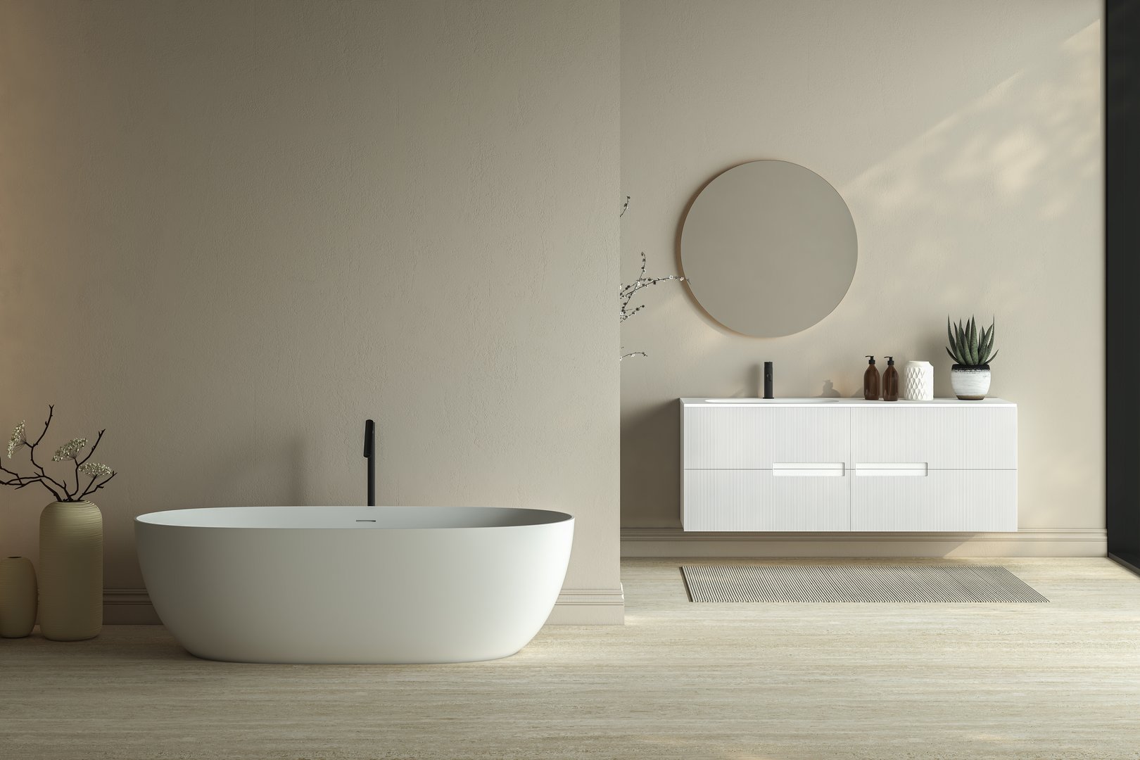 Bright minimal bathroom interior with white basin and oval mirror, bathtub, dry plants in vase, carpet on granite floor. Bathing accessories and window in hotel studio. 3D rendering