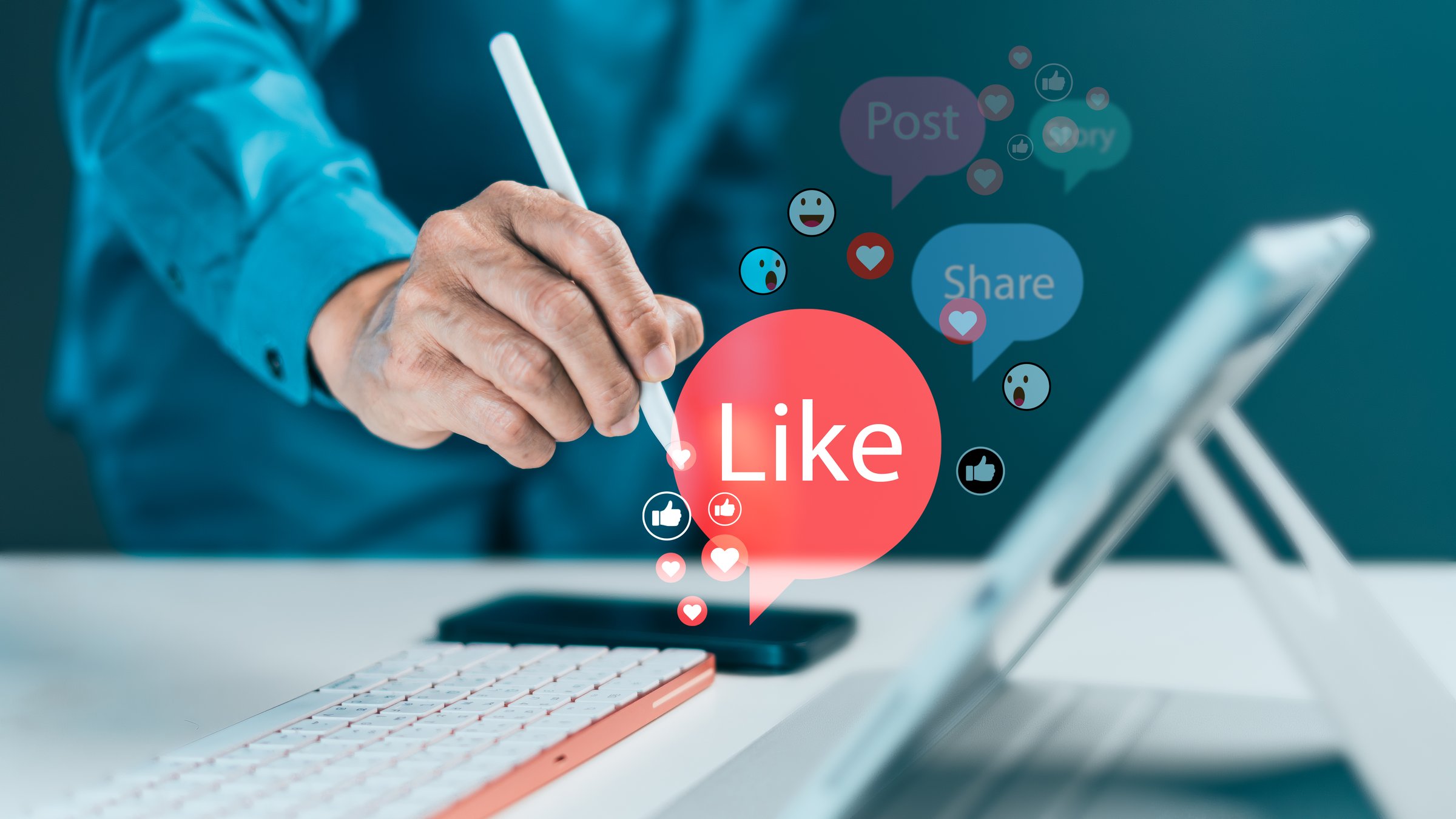 Hand using a stylus with a 'Like' icon, surrounded by 'Post,' 'Share,' and other social media elements. Online content marketing, influencer strategy and audience feedback on digital platforms