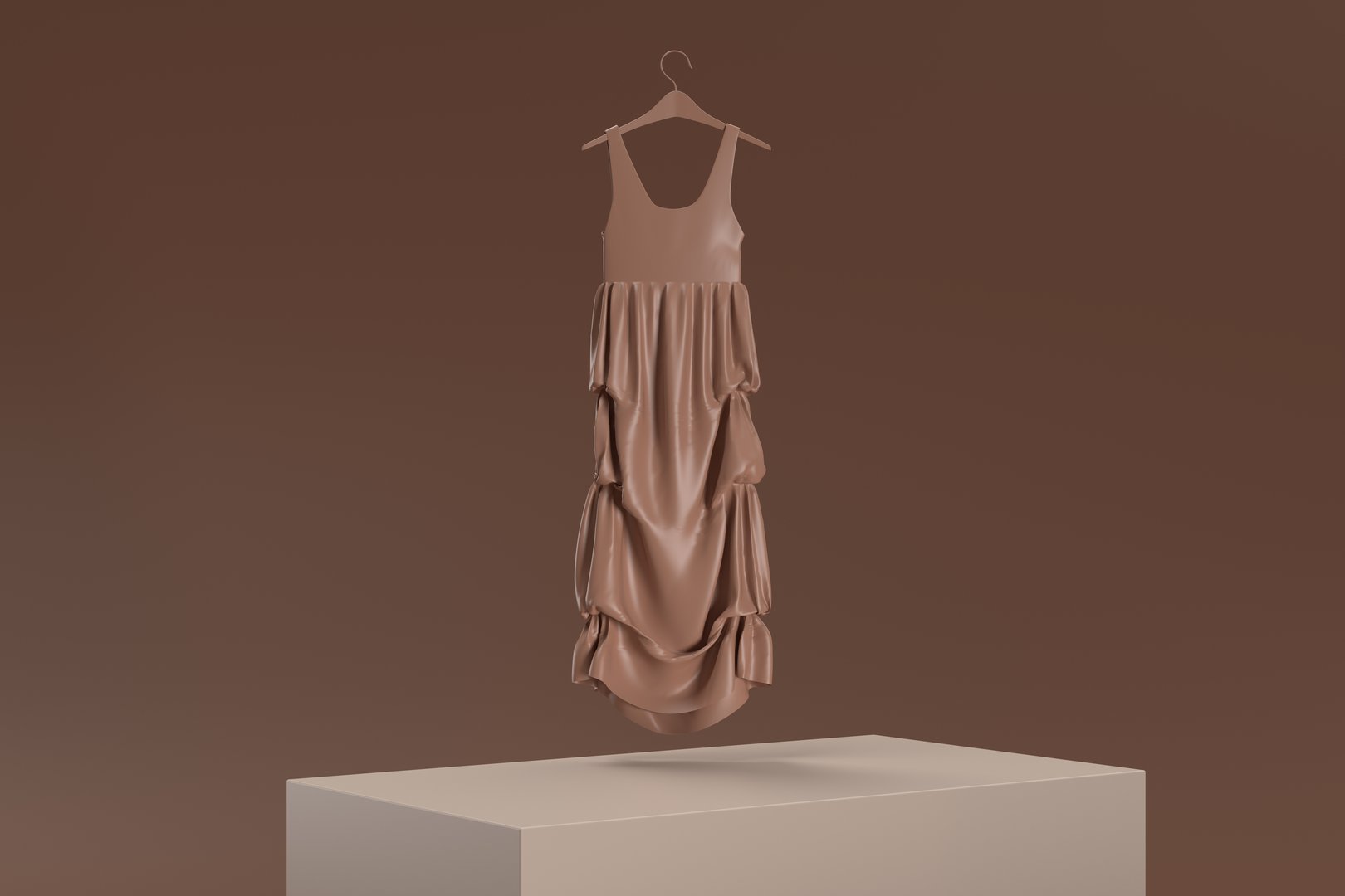 A dress is hanging on a clothes hanger. The dress is brown and has a ruffled skirt. The image has a warm and cozy feeling, as if the dress is being displayed in a homey setting