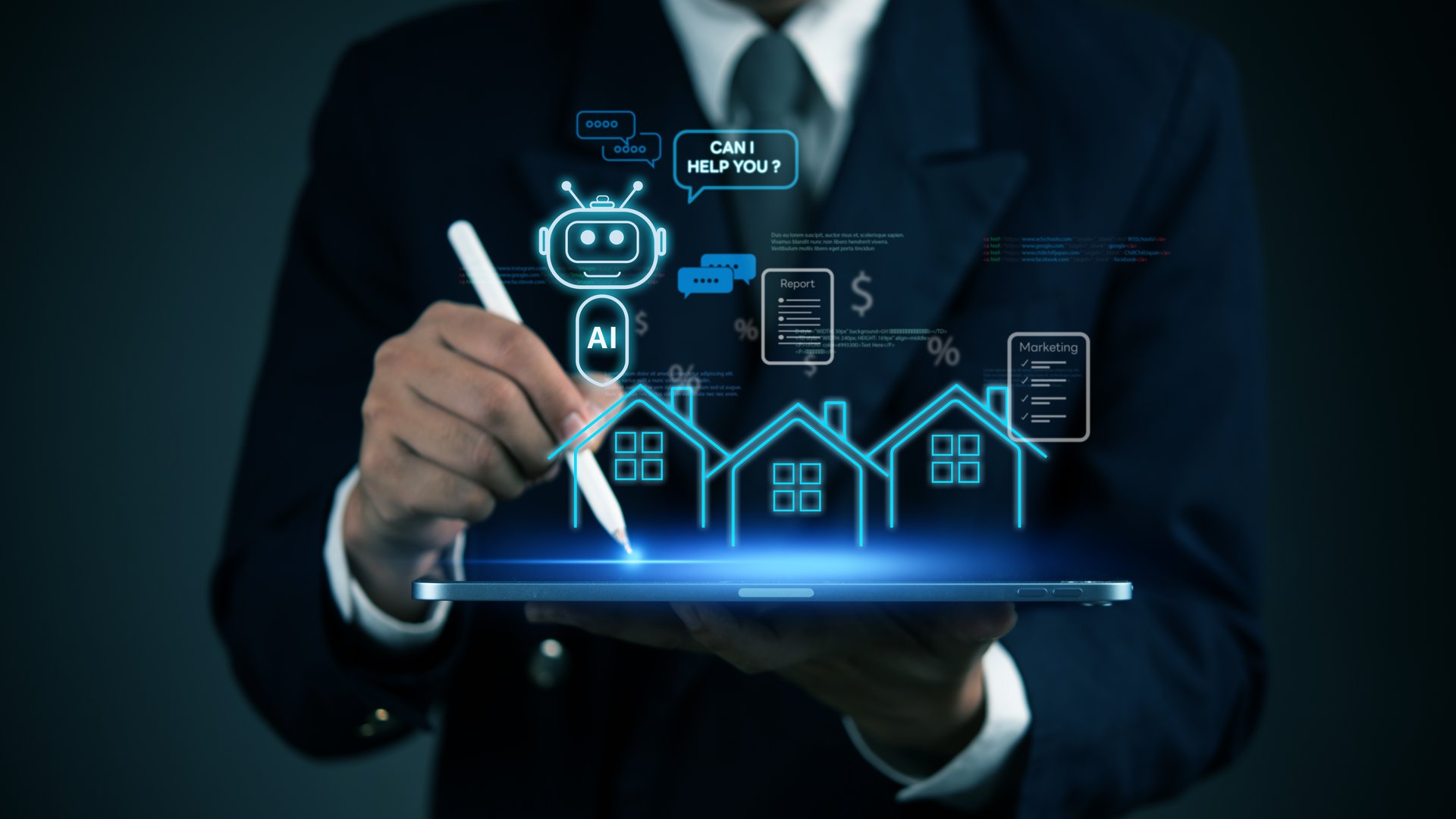 Real estate AI assistant on tablet, chatbot for smart property management, automation, data-driven marketing and housing business technology innovation.