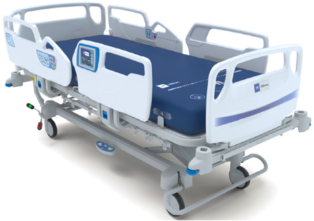 A hospital bed with white rails, a blue mattress, and control panels, designed for patient care and mobility.